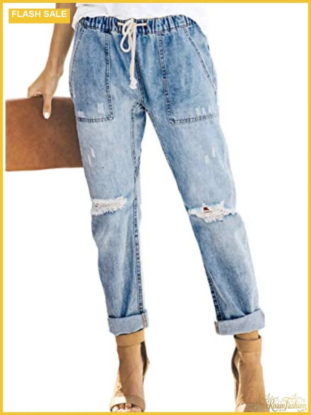 Casual Pull-on Distressed Stretch Jeans Elastic Waist Denim Joggers Pants
